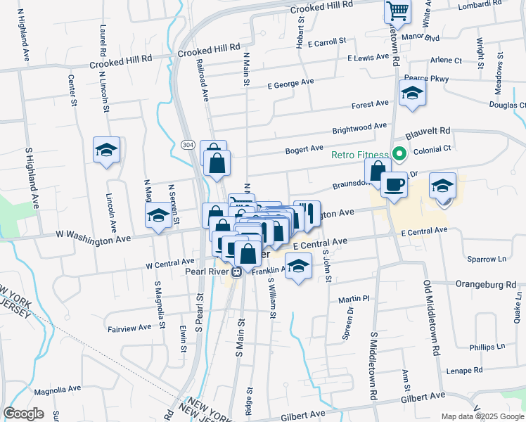 map of restaurants, bars, coffee shops, grocery stores, and more near 47 North William Street in Pearl River