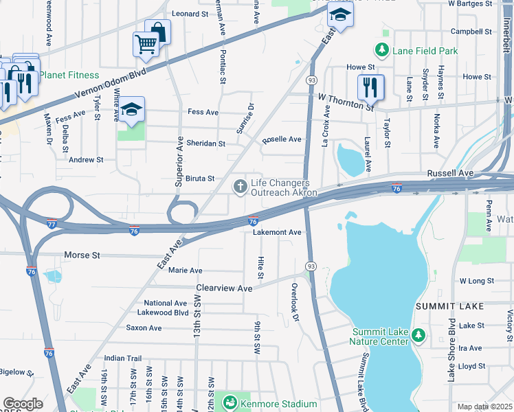 map of restaurants, bars, coffee shops, grocery stores, and more near 1378 Hite St in Akron