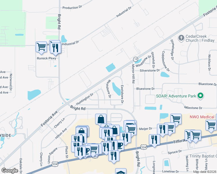 map of restaurants, bars, coffee shops, grocery stores, and more near 1425 Westshore Drive in Findlay