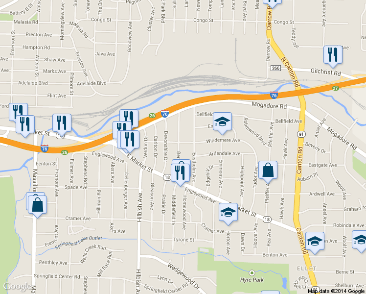 map of restaurants, bars, coffee shops, grocery stores, and more near 87 Berwyck Drive in Akron