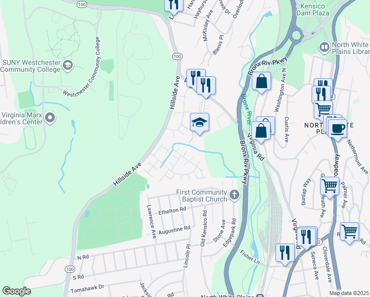 map of restaurants, bars, coffee shops, grocery stores, and more near 116 Eden Court in White Plains