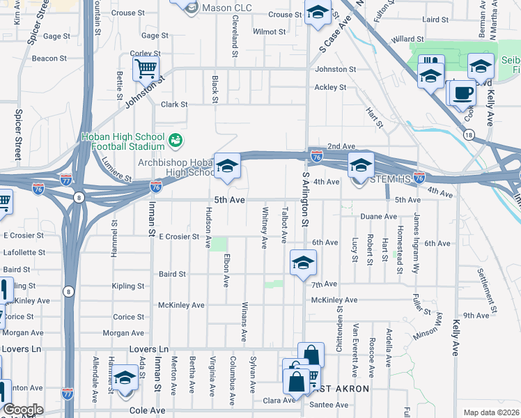 map of restaurants, bars, coffee shops, grocery stores, and more near 410 Whitney Ave in Akron
