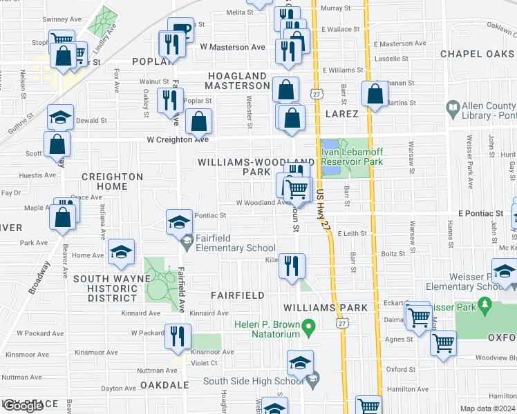 map of restaurants, bars, coffee shops, grocery stores, and more near 221 West Woodland Avenue in Fort Wayne