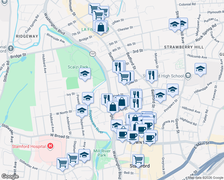 map of restaurants, bars, coffee shops, grocery stores, and more near 1611 Connecticut 137 in Stamford