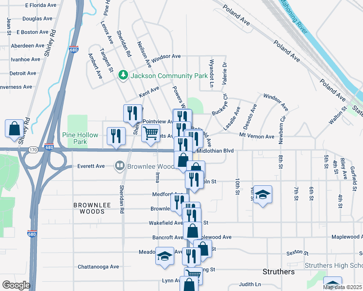 map of restaurants, bars, coffee shops, grocery stores, and more near 3800 Loveland Road in Youngstown