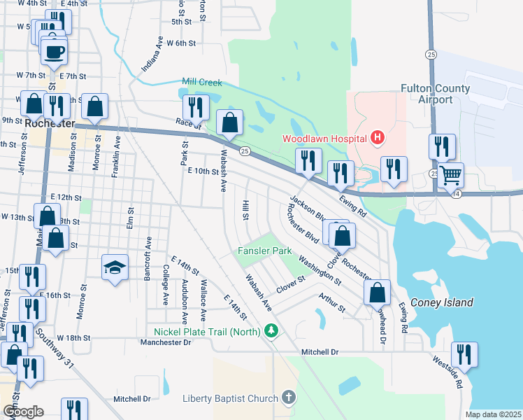 map of restaurants, bars, coffee shops, grocery stores, and more near 1141-1321 Hill Street in Rochester