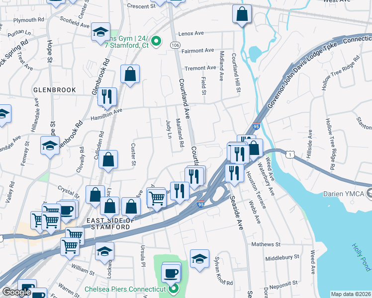 map of restaurants, bars, coffee shops, grocery stores, and more near 80 Maitland Road in Stamford