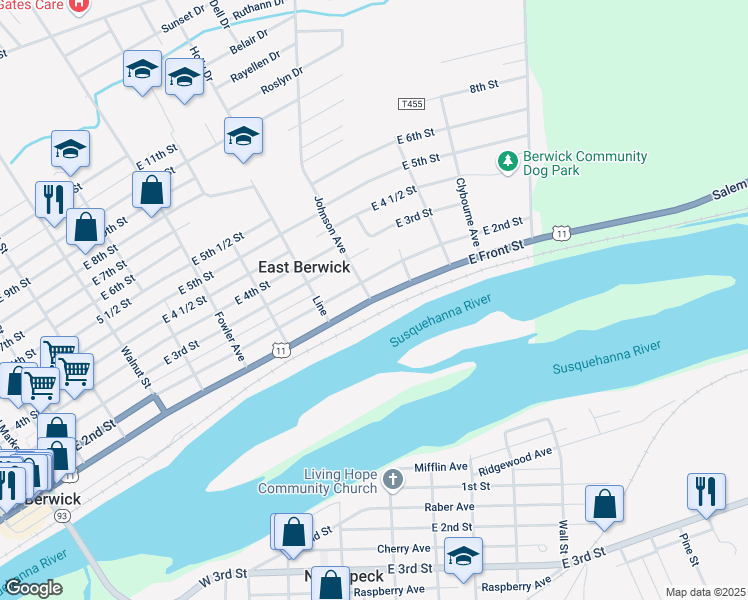 map of restaurants, bars, coffee shops, grocery stores, and more near 901 E Front St in Berwick