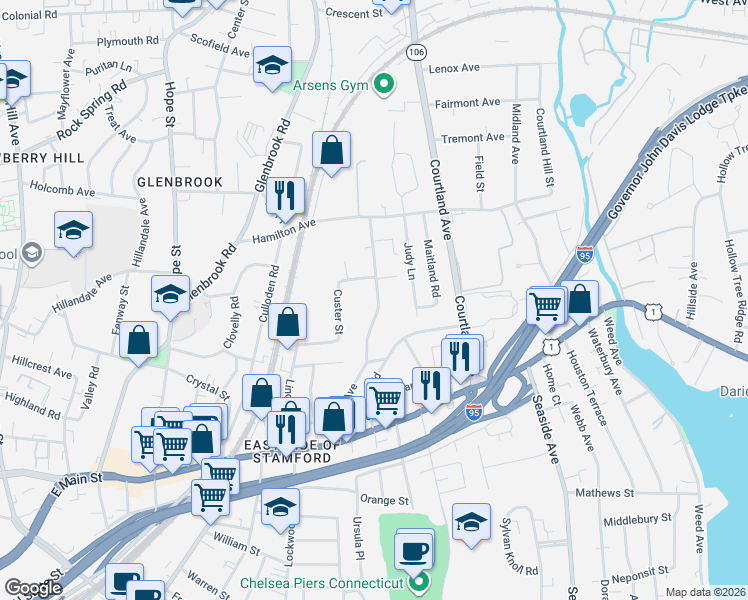 map of restaurants, bars, coffee shops, grocery stores, and more near 150 Lawn Avenue in Stamford
