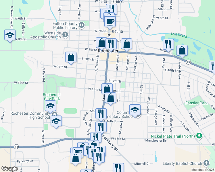 map of restaurants, bars, coffee shops, grocery stores, and more near 1200-1298 Madison Street in Rochester