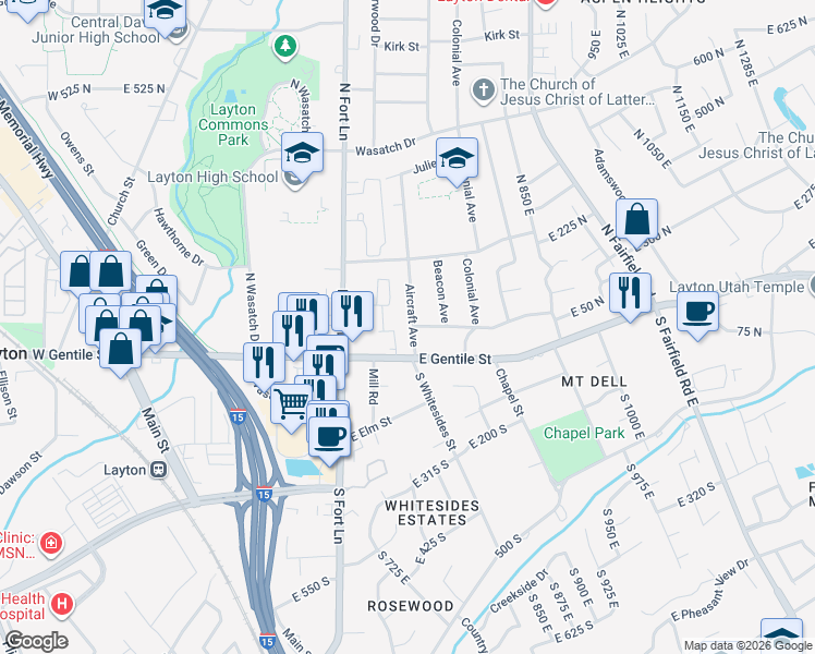 map of restaurants, bars, coffee shops, grocery stores, and more near 37 Aircraft Avenue in Layton