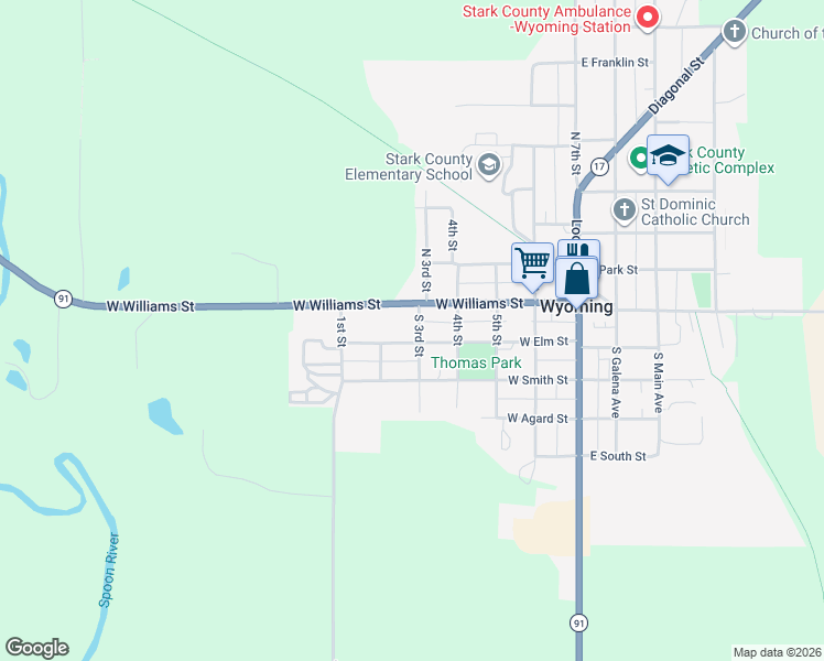 map of restaurants, bars, coffee shops, grocery stores, and more near 507 West Elm Street in Wyoming