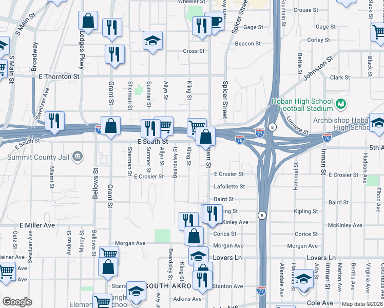 map of restaurants, bars, coffee shops, grocery stores, and more near 779 Kling Street in Akron