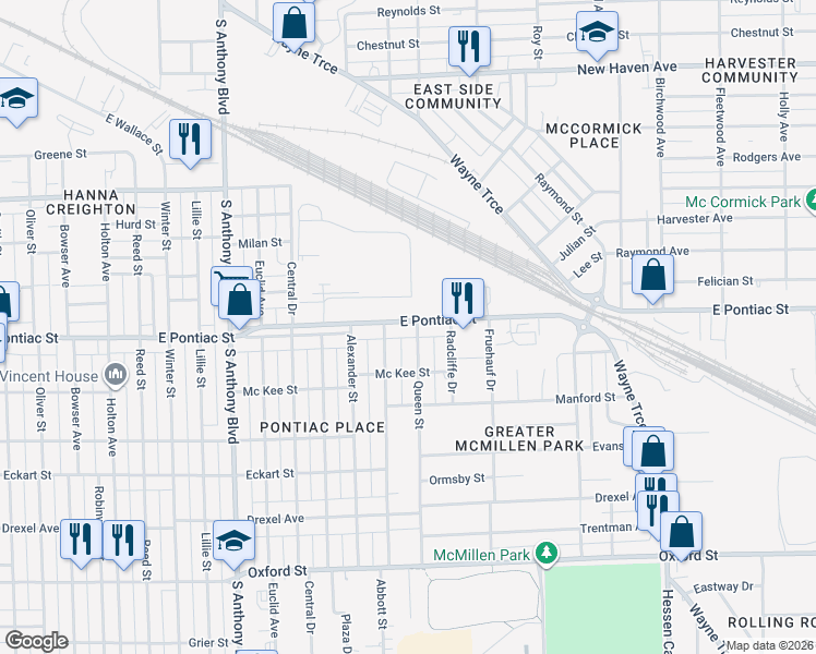map of restaurants, bars, coffee shops, grocery stores, and more near 2330 East Pontiac Street in Fort Wayne
