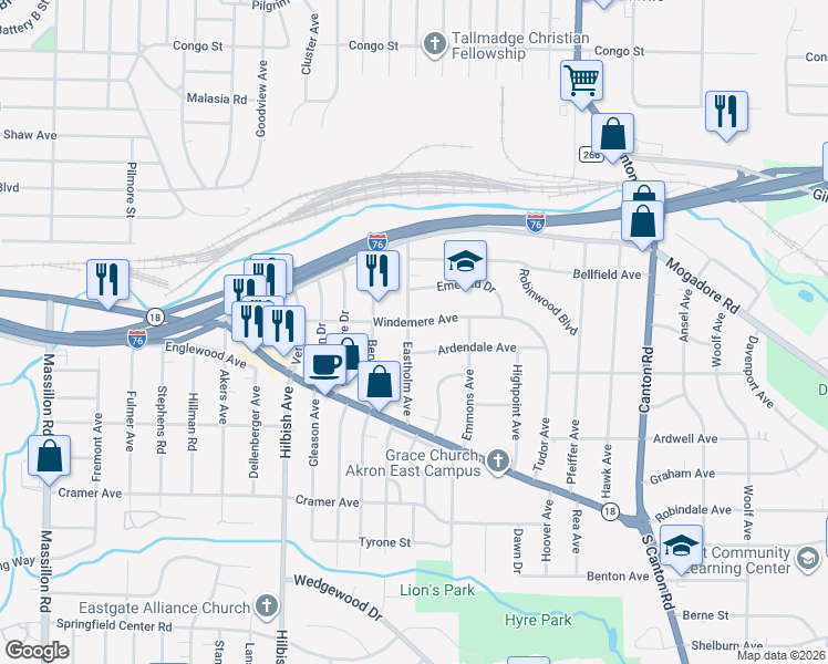 map of restaurants, bars, coffee shops, grocery stores, and more near 101 Eastholm Avenue in Akron