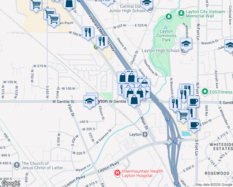 map of restaurants, bars, coffee shops, grocery stores, and more near 55 Church Street in Layton