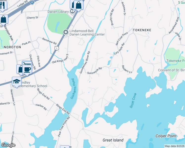 map of restaurants, bars, coffee shops, grocery stores, and more near 15 Sunswyck Road in Darien