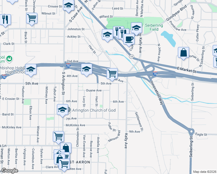 map of restaurants, bars, coffee shops, grocery stores, and more near 1265 Duane Avenue in Akron
