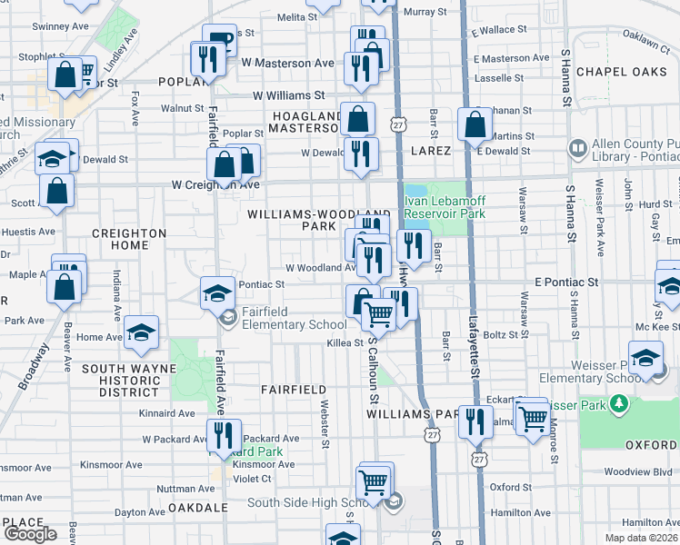 map of restaurants, bars, coffee shops, grocery stores, and more near 221 West Woodland Avenue in Fort Wayne