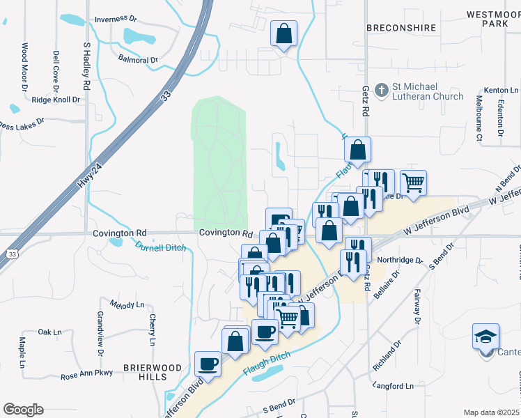 map of restaurants, bars, coffee shops, grocery stores, and more near in Fort Wayne