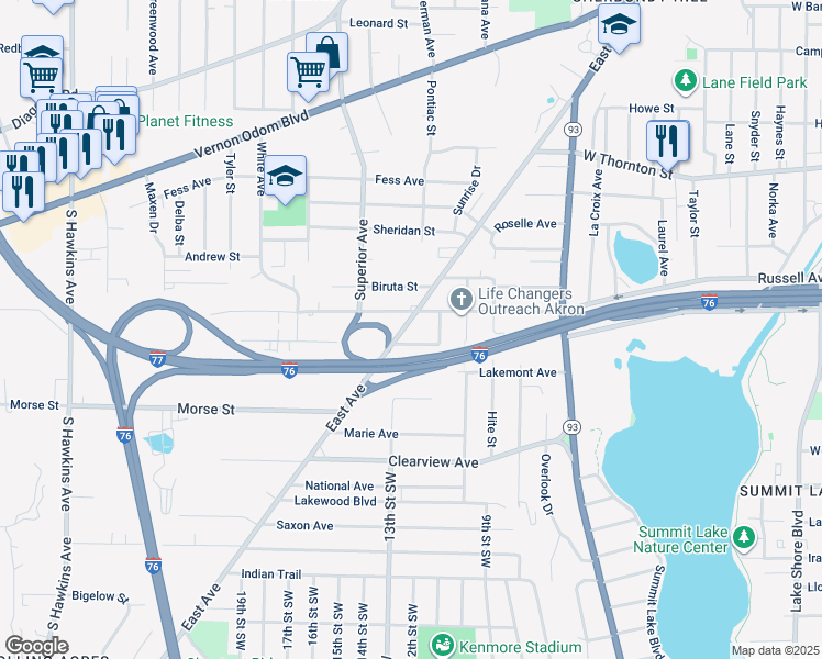 map of restaurants, bars, coffee shops, grocery stores, and more near 1455 East Avenue in Akron