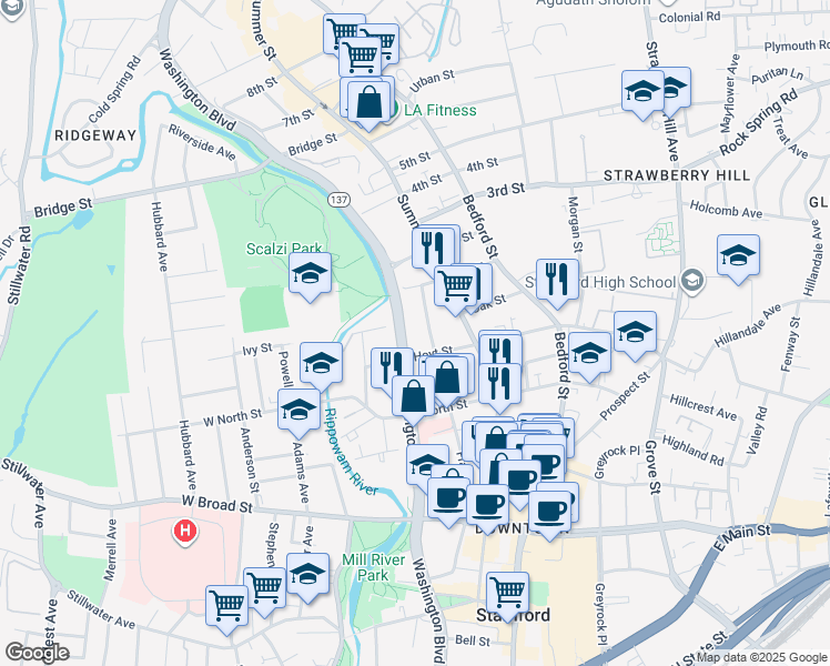 map of restaurants, bars, coffee shops, grocery stores, and more near 1611 Washington Boulevard in Stamford