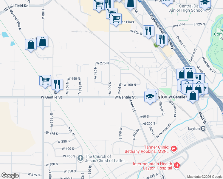 map of restaurants, bars, coffee shops, grocery stores, and more near 52 South 650 West in Layton