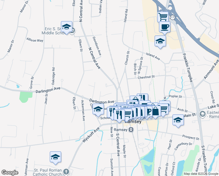 map of restaurants, bars, coffee shops, grocery stores, and more near 7 Quail Run in Ramsey