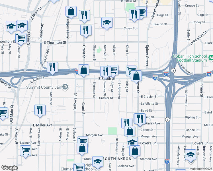 map of restaurants, bars, coffee shops, grocery stores, and more near 815 Sumner Street in Akron