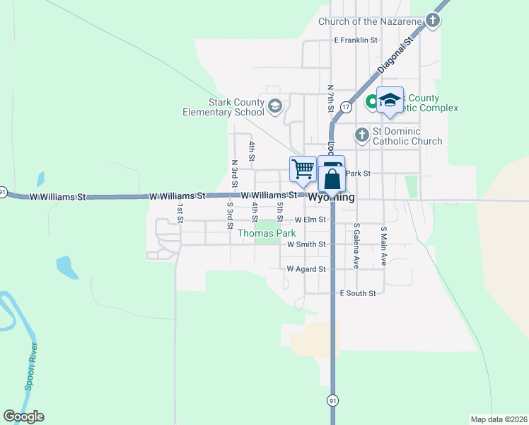 map of restaurants, bars, coffee shops, grocery stores, and more near 5th Street in Wyoming