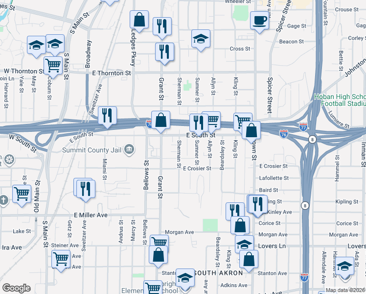 map of restaurants, bars, coffee shops, grocery stores, and more near 807 Sherman Street in Akron
