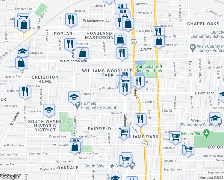 map of restaurants, bars, coffee shops, grocery stores, and more near 209 West Woodland Avenue in Fort Wayne