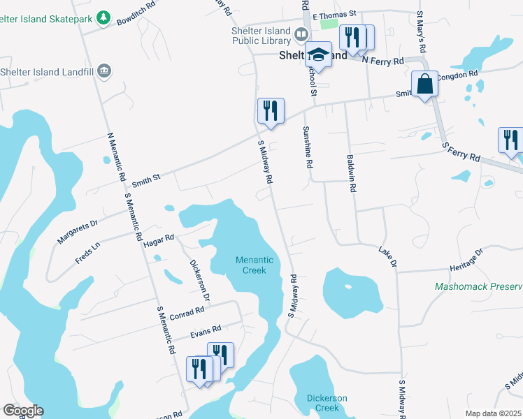 map of restaurants, bars, coffee shops, grocery stores, and more near 20 South Midway Road in Shelter Island