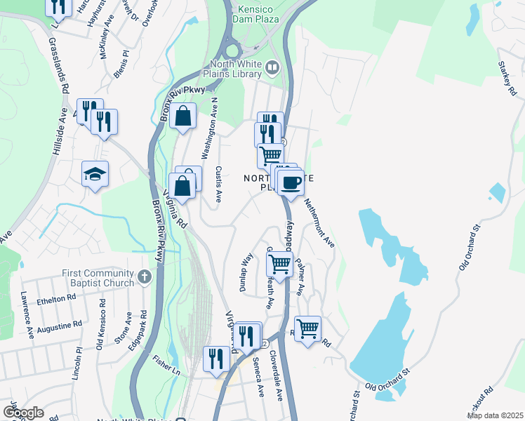 map of restaurants, bars, coffee shops, grocery stores, and more near 845 New York 22 in White Plains