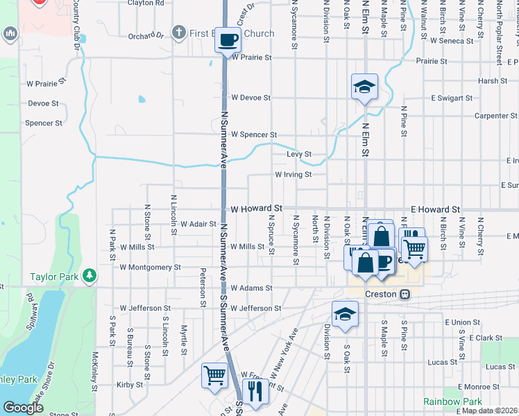 map of restaurants, bars, coffee shops, grocery stores, and more near 751 West Howard Street in Creston