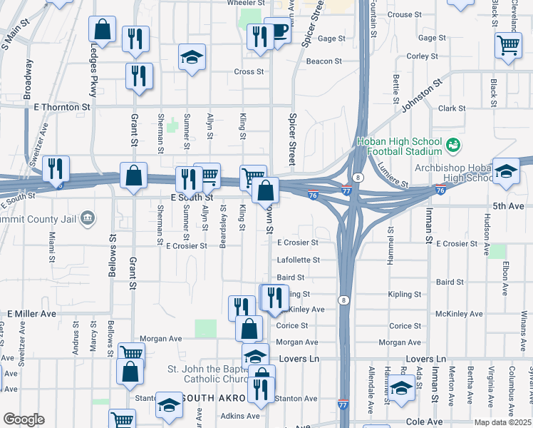 map of restaurants, bars, coffee shops, grocery stores, and more near 762 Brown Street in Akron