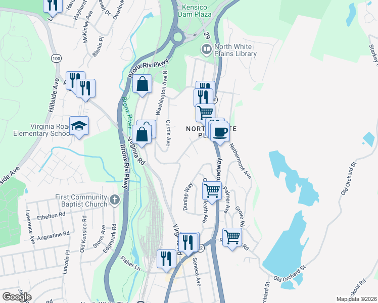 map of restaurants, bars, coffee shops, grocery stores, and more near 27 Washington Place East in White Plains