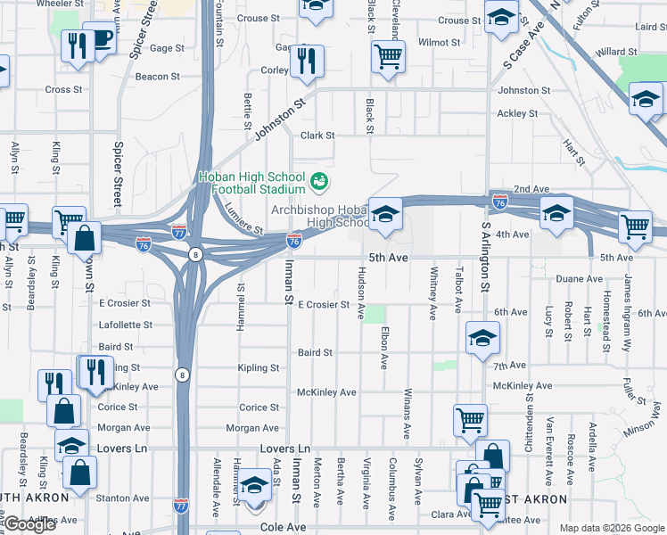 map of restaurants, bars, coffee shops, grocery stores, and more near 572 Bertha Avenue in Akron