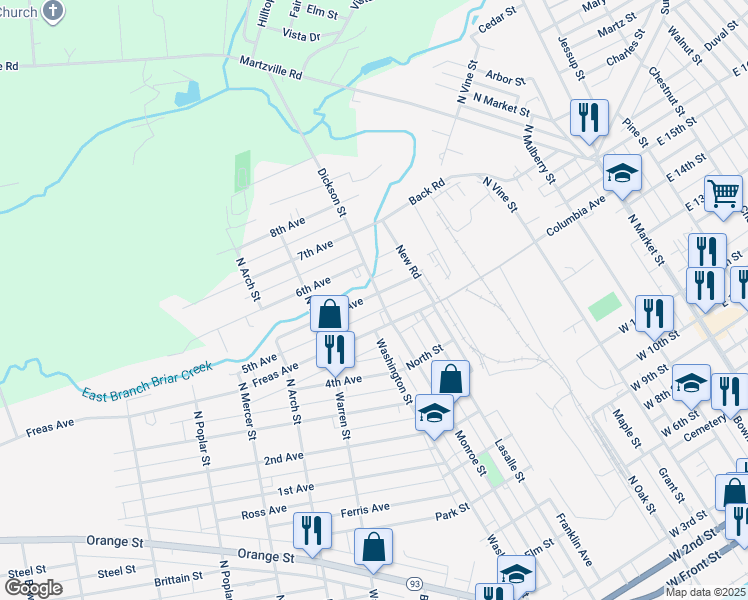 map of restaurants, bars, coffee shops, grocery stores, and more near 1029 Dickson Street in Berwick