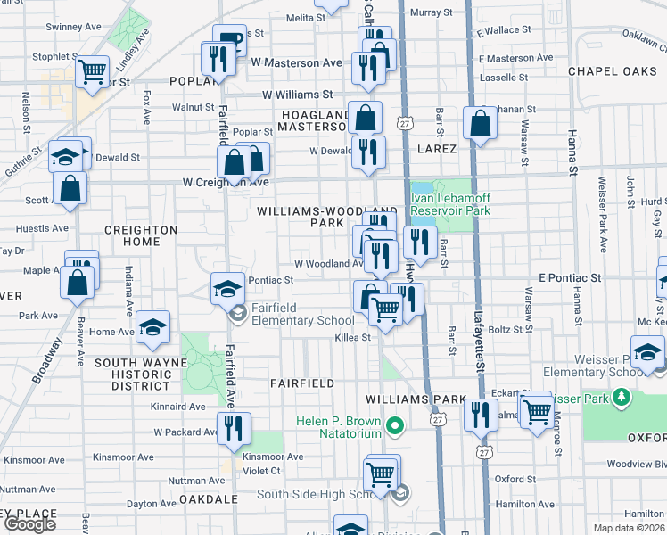 map of restaurants, bars, coffee shops, grocery stores, and more near 221 West Woodland Avenue in Fort Wayne