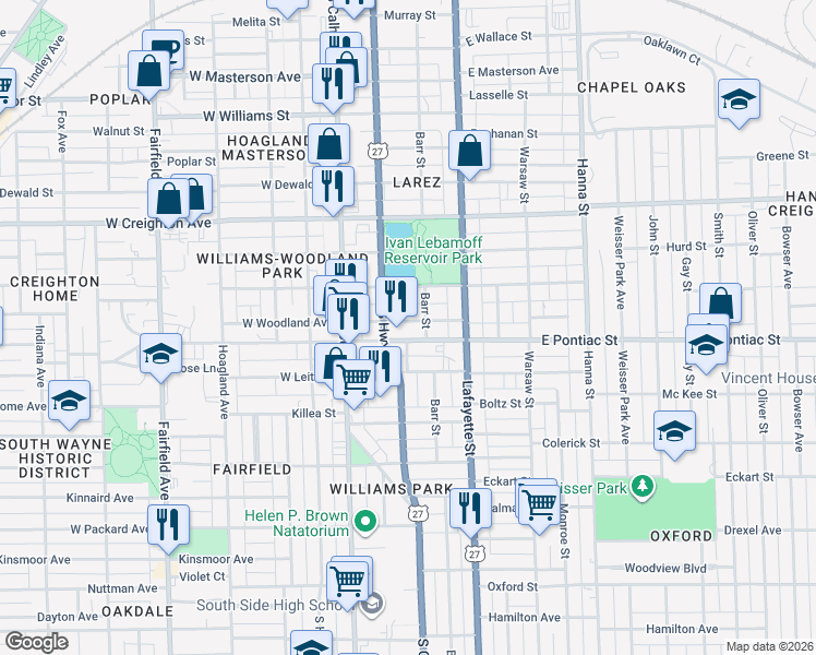 map of restaurants, bars, coffee shops, grocery stores, and more near 230 East Woodland Avenue in Fort Wayne