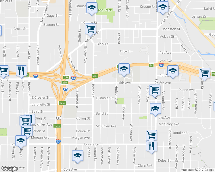 map of restaurants, bars, coffee shops, grocery stores, and more near 572 Bertha Avenue in Akron