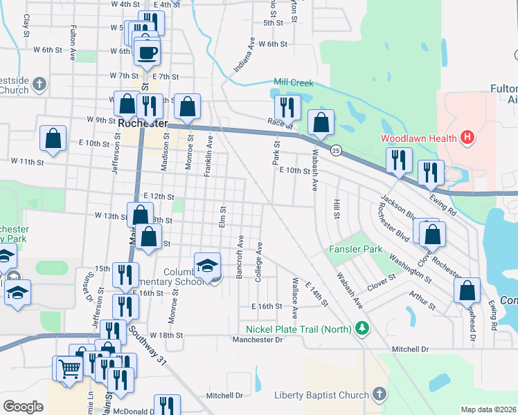 map of restaurants, bars, coffee shops, grocery stores, and more near 1201-1251 Bancroft Avenue in Rochester