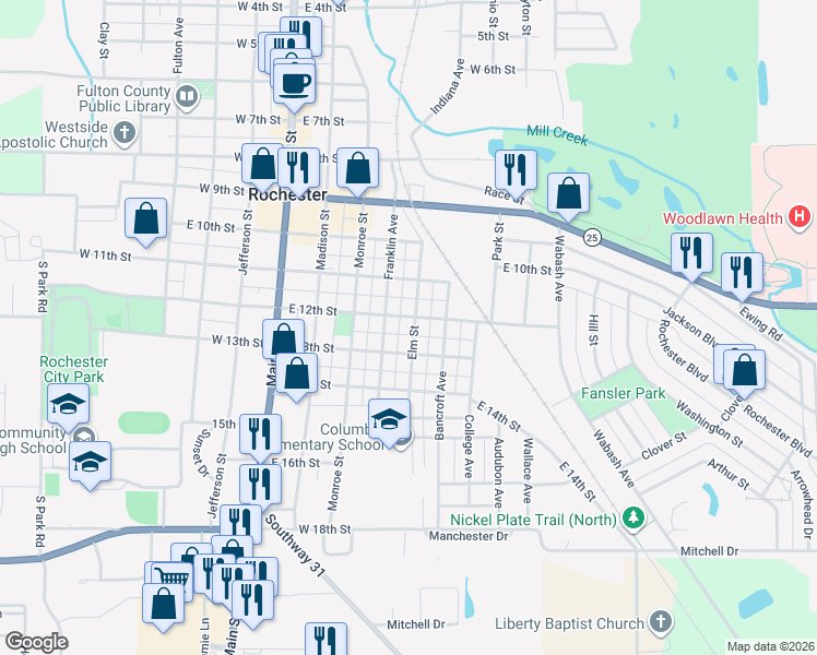 map of restaurants, bars, coffee shops, grocery stores, and more near 1201-1249 Elm St in Rochester