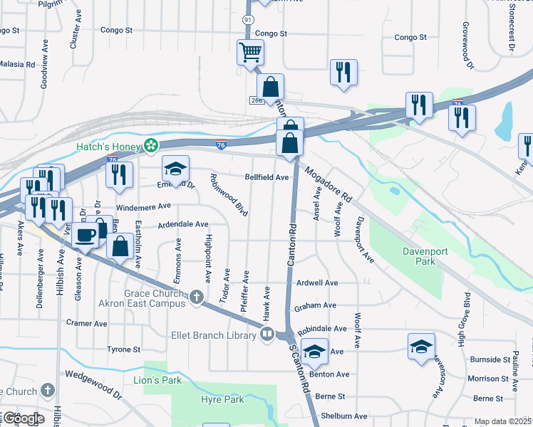 map of restaurants, bars, coffee shops, grocery stores, and more near 98 Hawk Avenue in Akron