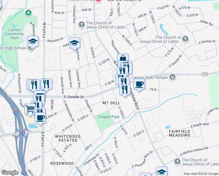 map of restaurants, bars, coffee shops, grocery stores, and more near 959 East Gentile Street in Layton
