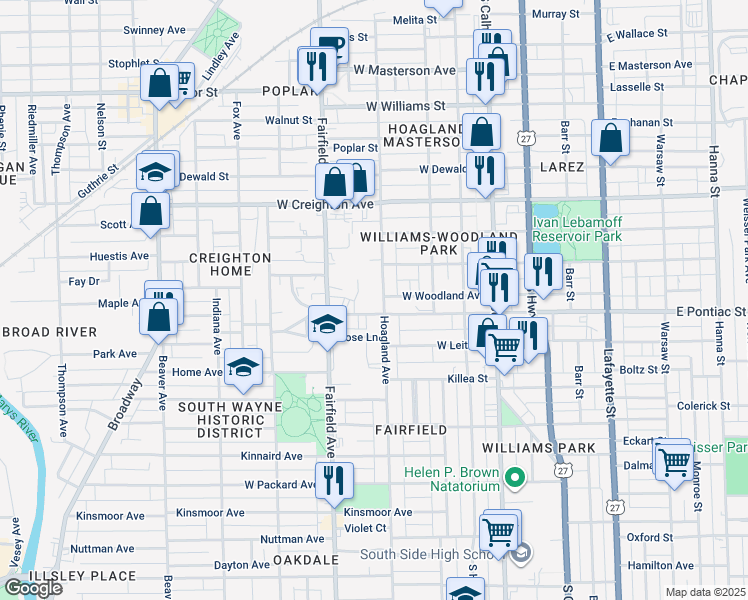 map of restaurants, bars, coffee shops, grocery stores, and more near 2602 Hoagland Ave in Fort Wayne