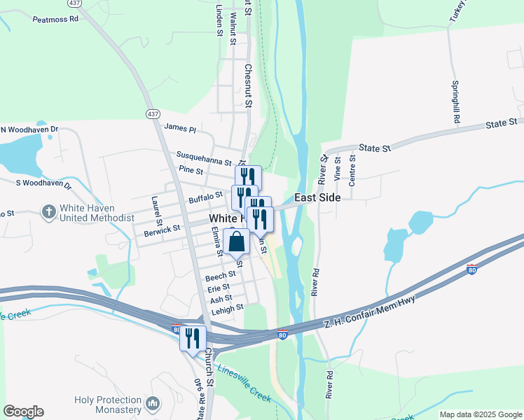 map of restaurants, bars, coffee shops, grocery stores, and more near 73 Berwick Street in White Haven