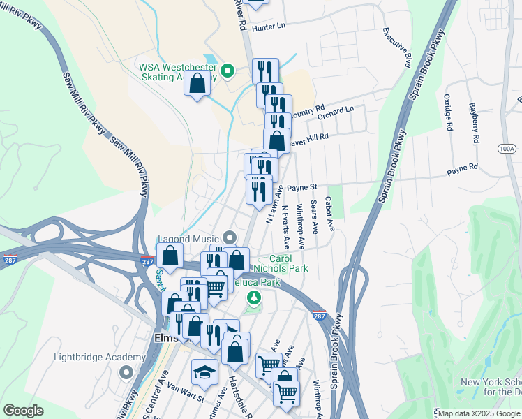 map of restaurants, bars, coffee shops, grocery stores, and more near 190 North Saw Mill River Road in Elmsford