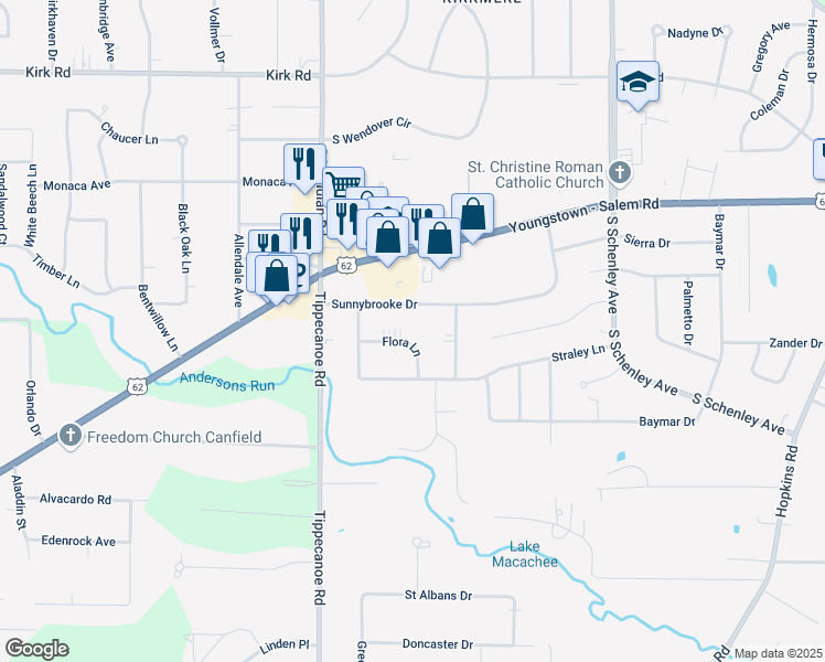 map of restaurants, bars, coffee shops, grocery stores, and more near 3378 Flora Ln in Youngstown